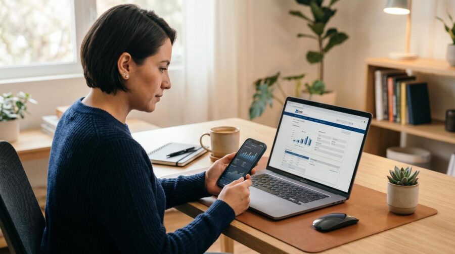 Persona revisando su constancia de retenciones fiscales en el celular para declarar intereses ante el SAT