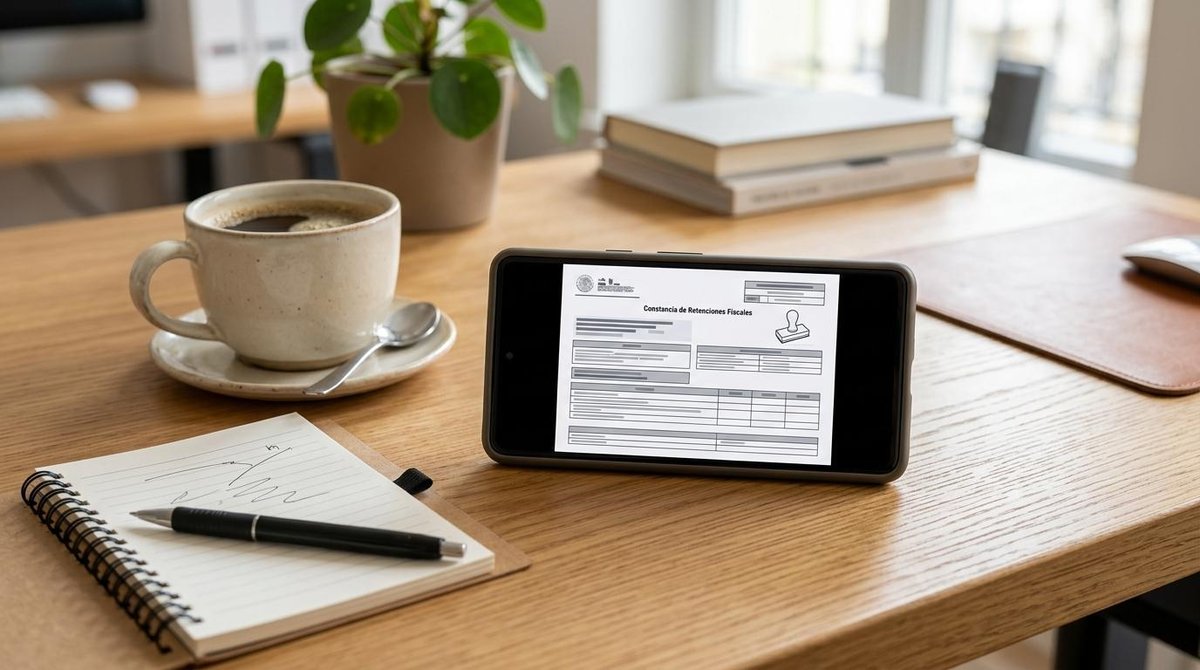 Pantalla de teléfono móvil mostrando un documento digital de constancia de retenciones fiscales, junto a una taza de café y notas en un entorno de tra