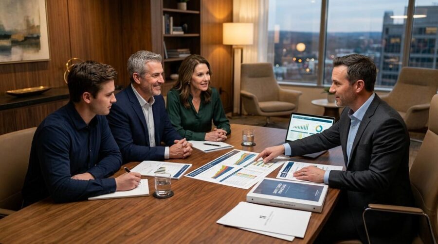 Persona revisando documentos financieros y opciones de gestión patrimonial en una reunión con asesores