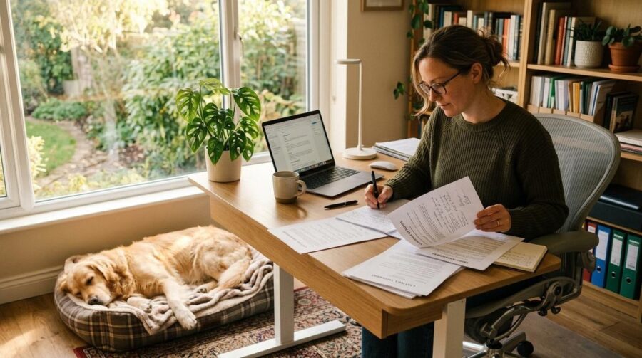 Persona revisando documentos de planeamiento sucesorio junto a su perro en una mesa de trabajo.