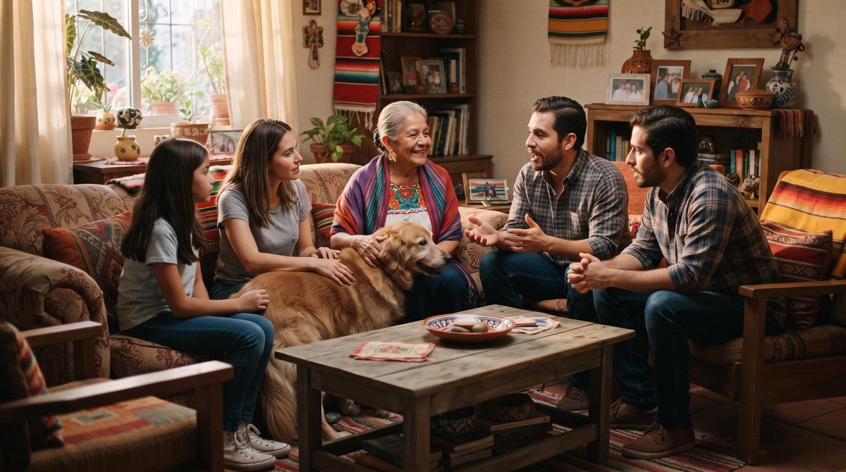 Una familia mexicana conversando en una sala mientras acarician a su mascota.