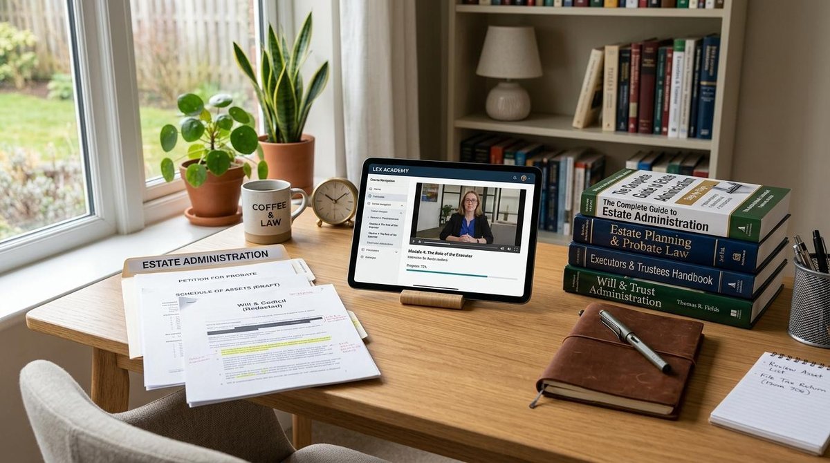 Escritorio ordenado con libros de educación financiera, documentos legales y una tablet mostrando una plataforma de cursos en línea, en un ambiente de