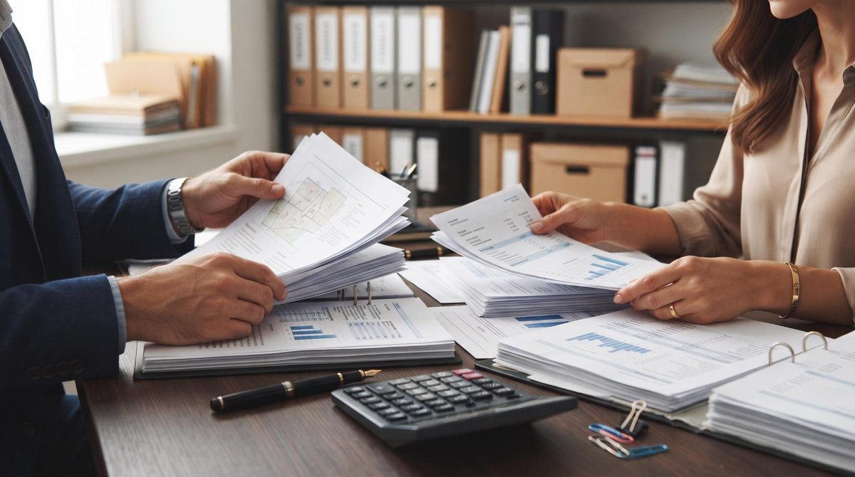 Manos profesionales sosteniendo documentos de bienes inmuebles y estados de cuenta bancarios sobre una mesa con una calculadora financiera y pluma, co