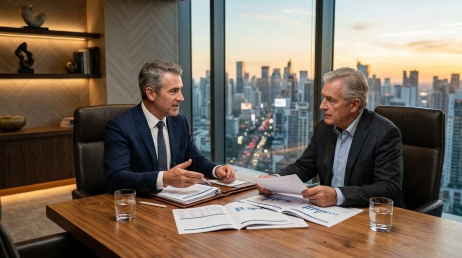 Persona revisando su estrategia de gestión de patrimonio con un asesor financiero en una reunión de private banking