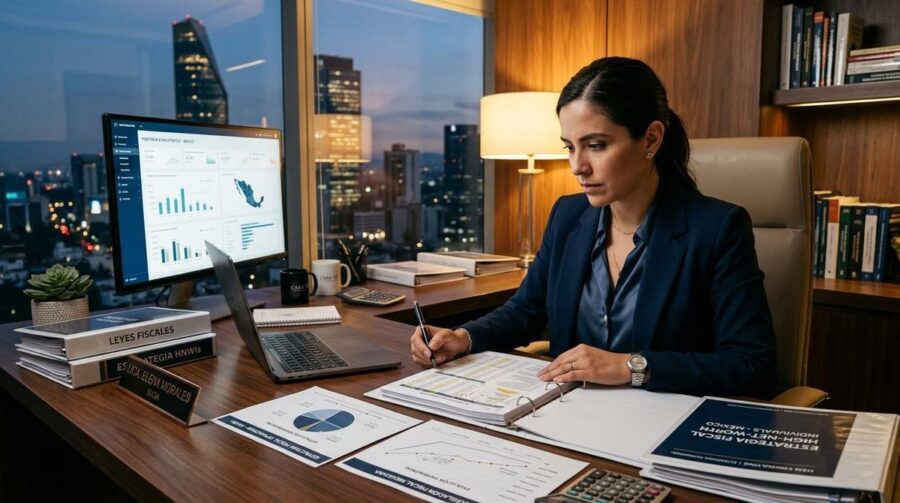 Persona revisando documentos fiscales y una laptop con información sobre optimización de impuestos en México