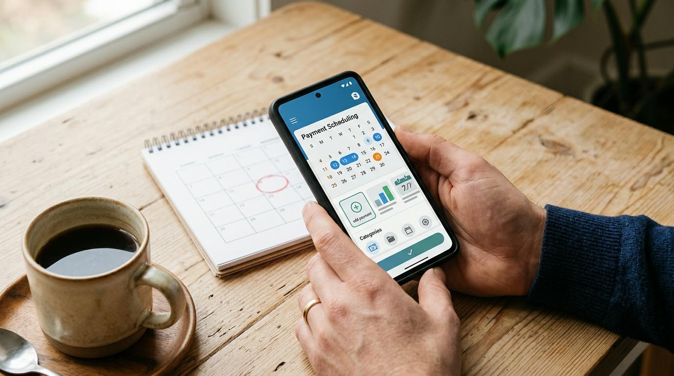 Persona usando smartphone para programar pagos junto a taza de café y calendario en mesa de madera