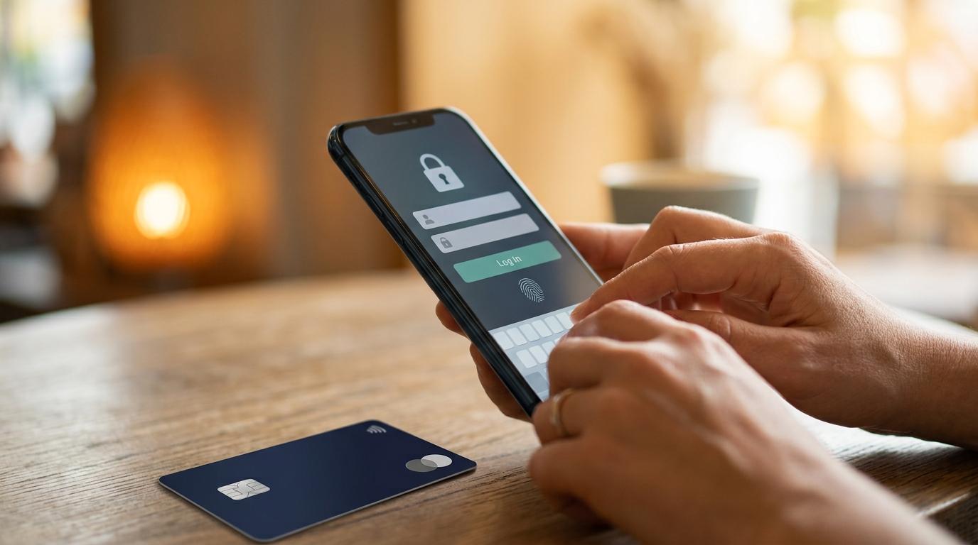 Persona usando smartphone para iniciar sesión con tarjeta de crédito sobre mesa de madera
