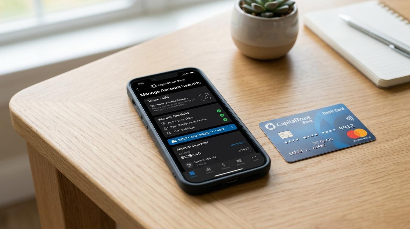 smartphone mostrando app bancaria junto a tarjeta de débito sobre mesa de madera con libreta
