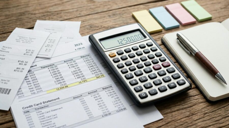 Primer plano de una calculadora financiera junto a recibos y estados de cuenta organizados sobre una superficie de madera, con un bolígrafo y notas ad