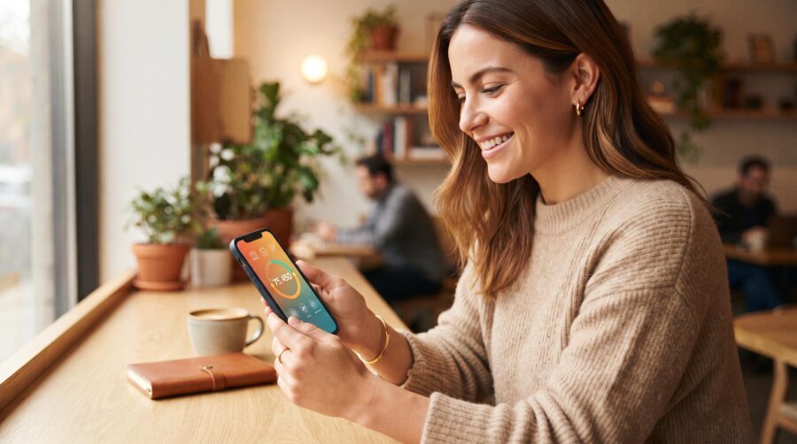 Persona revisando el saldo de puntos de su tarjeta de crédito desde la app de su banco en un smartphone