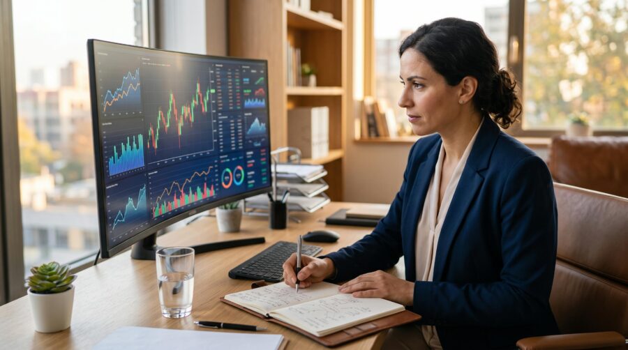 Persona revisando gráficas de distintos activos financieros en una laptop para diversificar su portafolio de inversión
