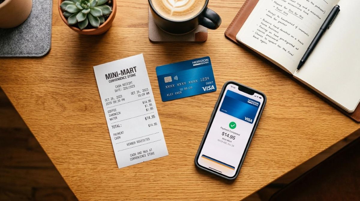 Vista de arriba de un escritorio ordenado con varios métodos de pago dispuestos de forma atractiva: una tarjeta de débito, un smartphone mostrando
