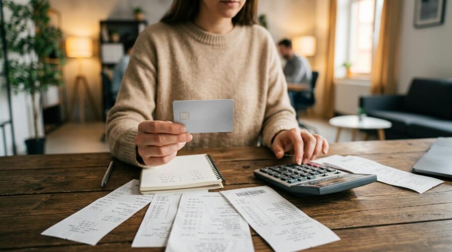 Persona revisando el estado de cuenta de su tarjeta de crédito en un teléfono celular, analizando el costo real de sus compras a meses