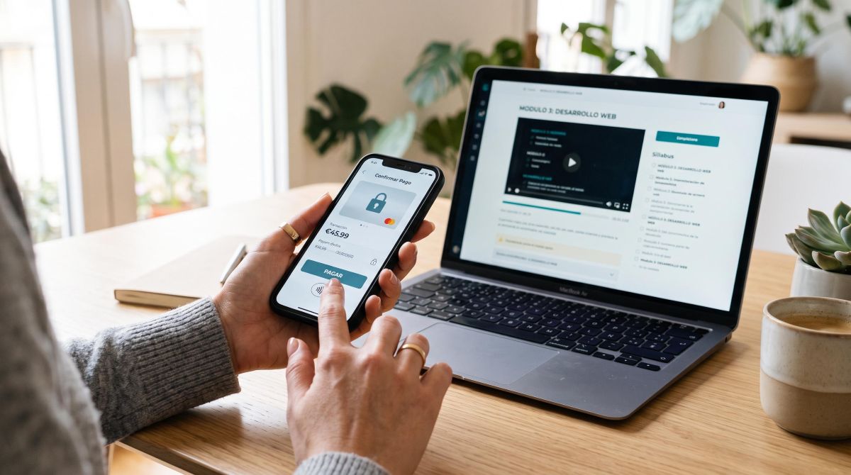 Primer plano de manos utilizando un smartphone para realizar un pago digital a través de una pasarela segura, con una laptop abierta en segundo plano